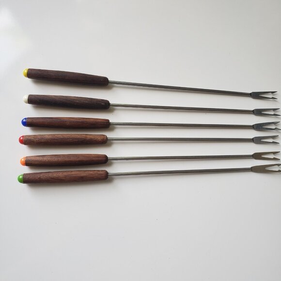 Set of 6 Vintage Fondue Forks MCM‎ Japan Wooden Handles Stainless Steel - Picture 1 of 8